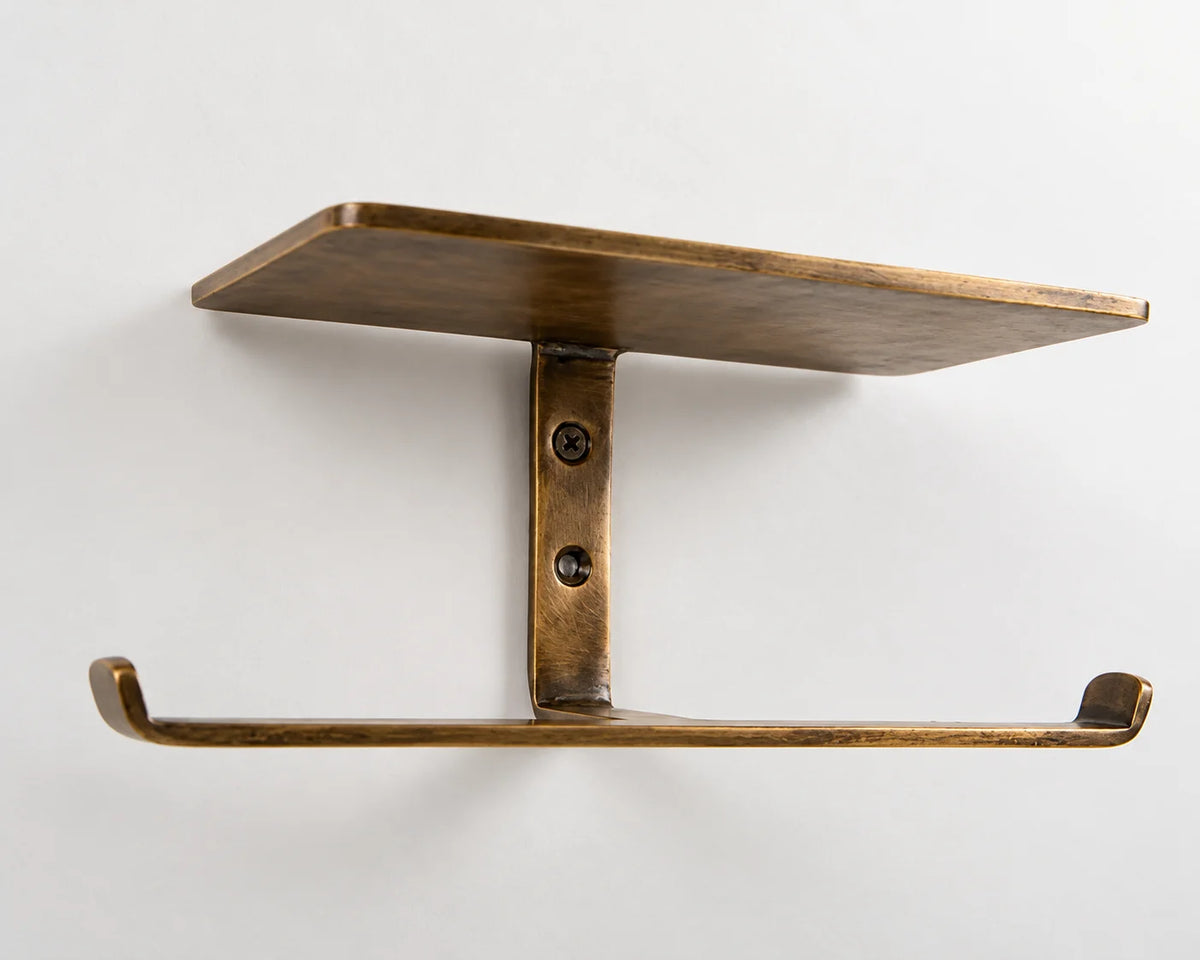 Title Solid Brass Double Toilet Paper Holder with Shelf – Bronze Finish