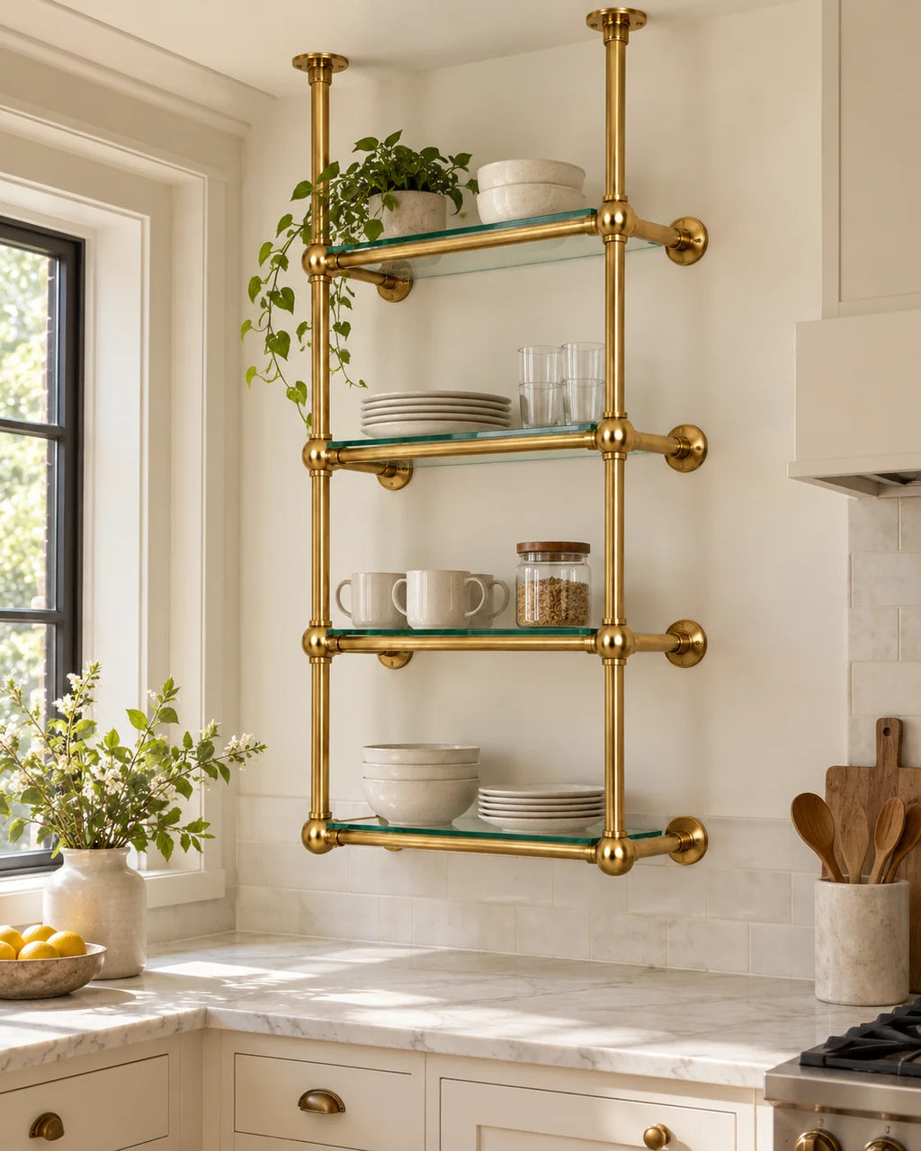 Solid Brass Shelving with Ball Joints & Glass Shelves – Custom Bistro Shelving