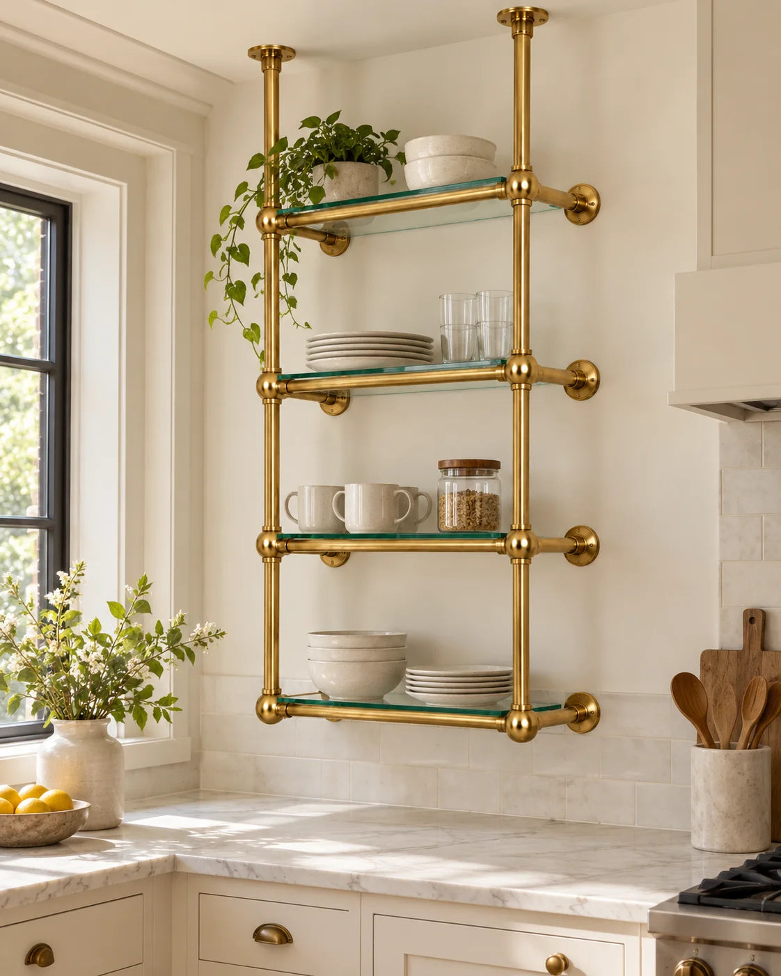 Solid Brass Shelving with Ball Joints & Glass Shelves – Custom Bistro Shelving