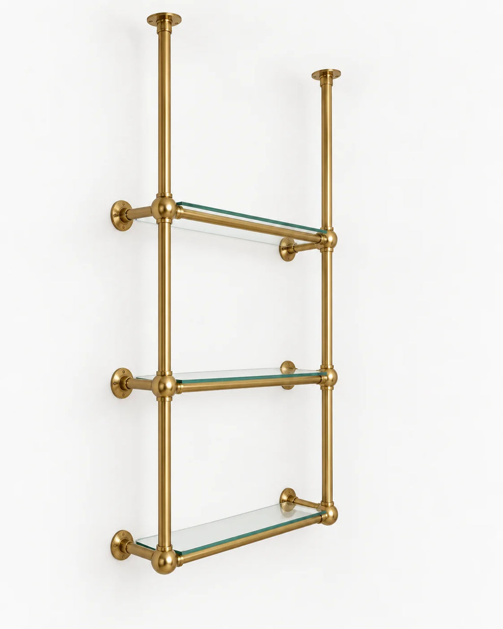 Solid Brass Shelving with Ball Joints & Glass Shelves – Custom Bistro Shelving