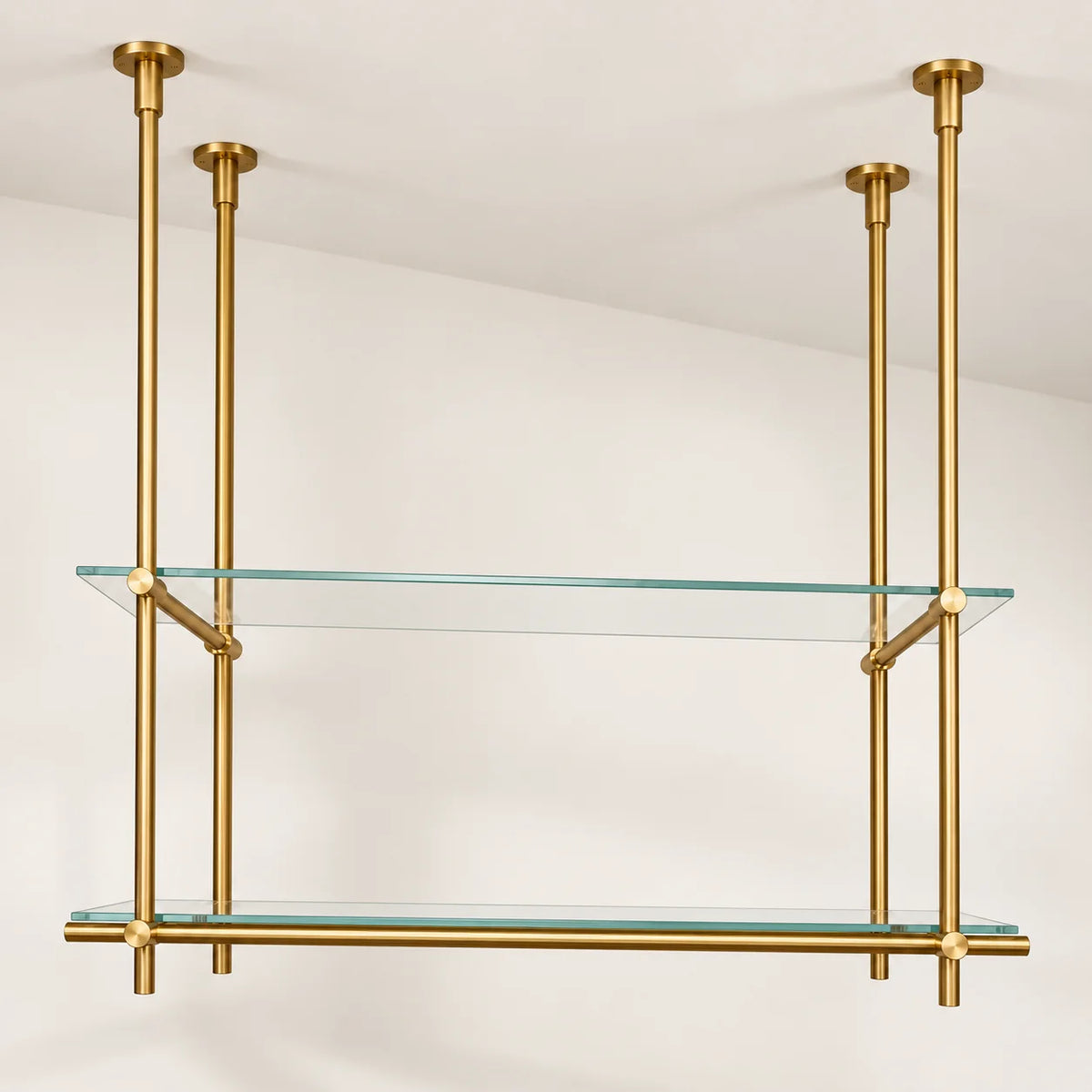 Ceiling Mounted Brass Shelving with Glass Shelves – 50″ Wide