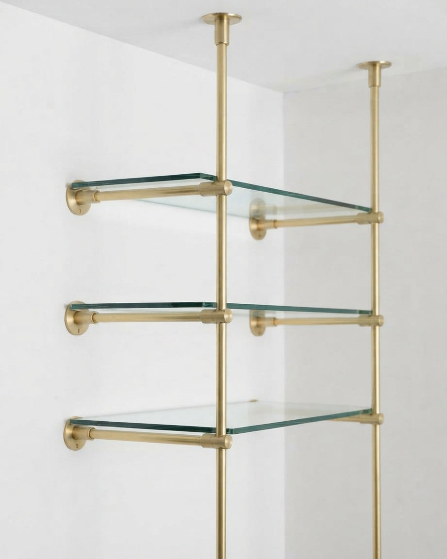 Solid Brass Bistro Shelving, Tempered Glass Shelves