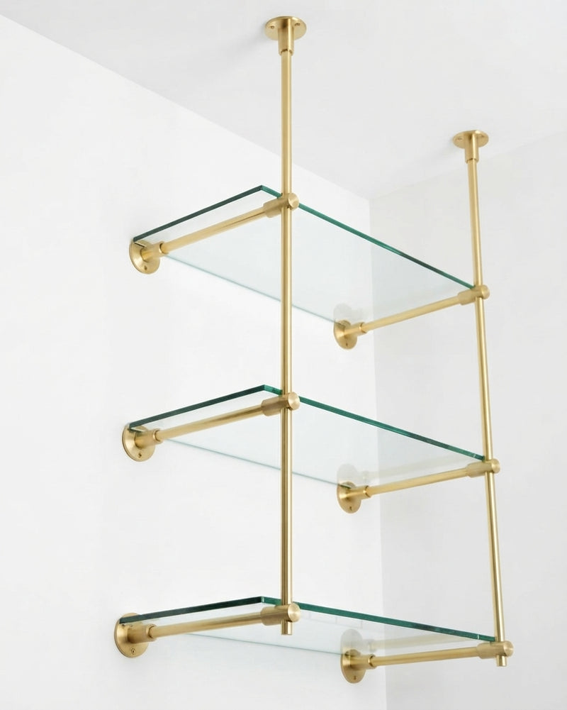 Solid Brass Bistro Shelving, Tempered Glass Shelves