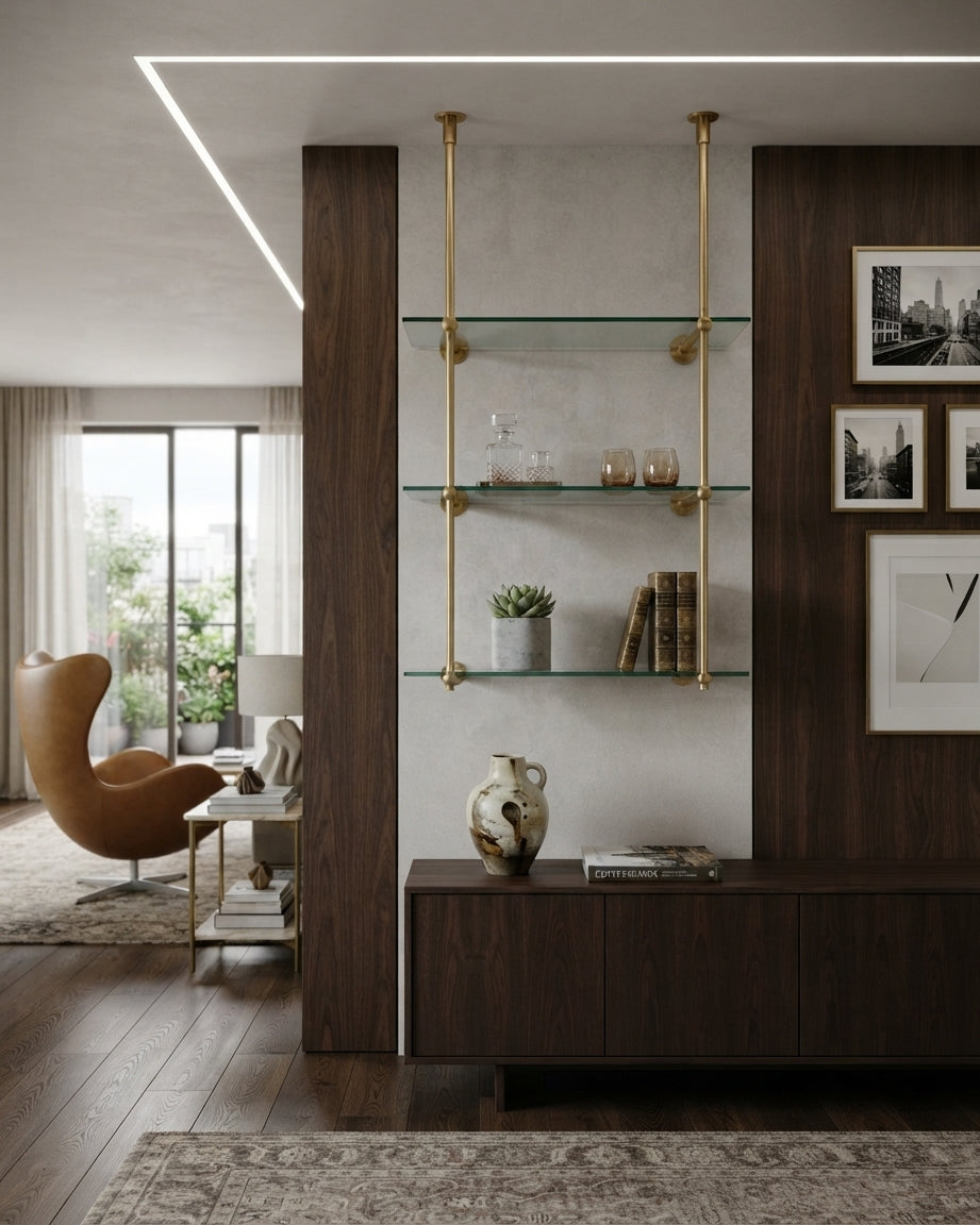 Solid Brass Bistro Shelving, Tempered Glass Shelves